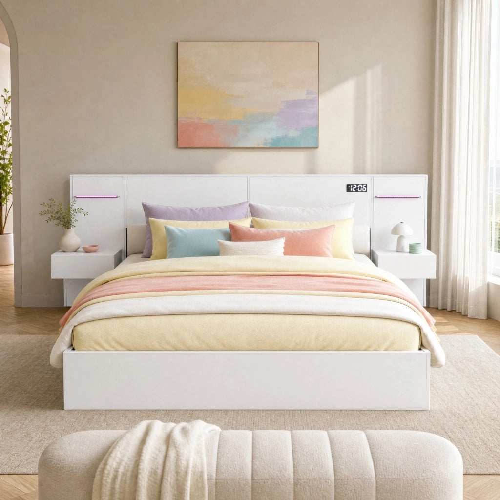 Letto matrimoniale 180x200 cm in MDF bianco con USB; Bluetooth; orologio e luci colorate