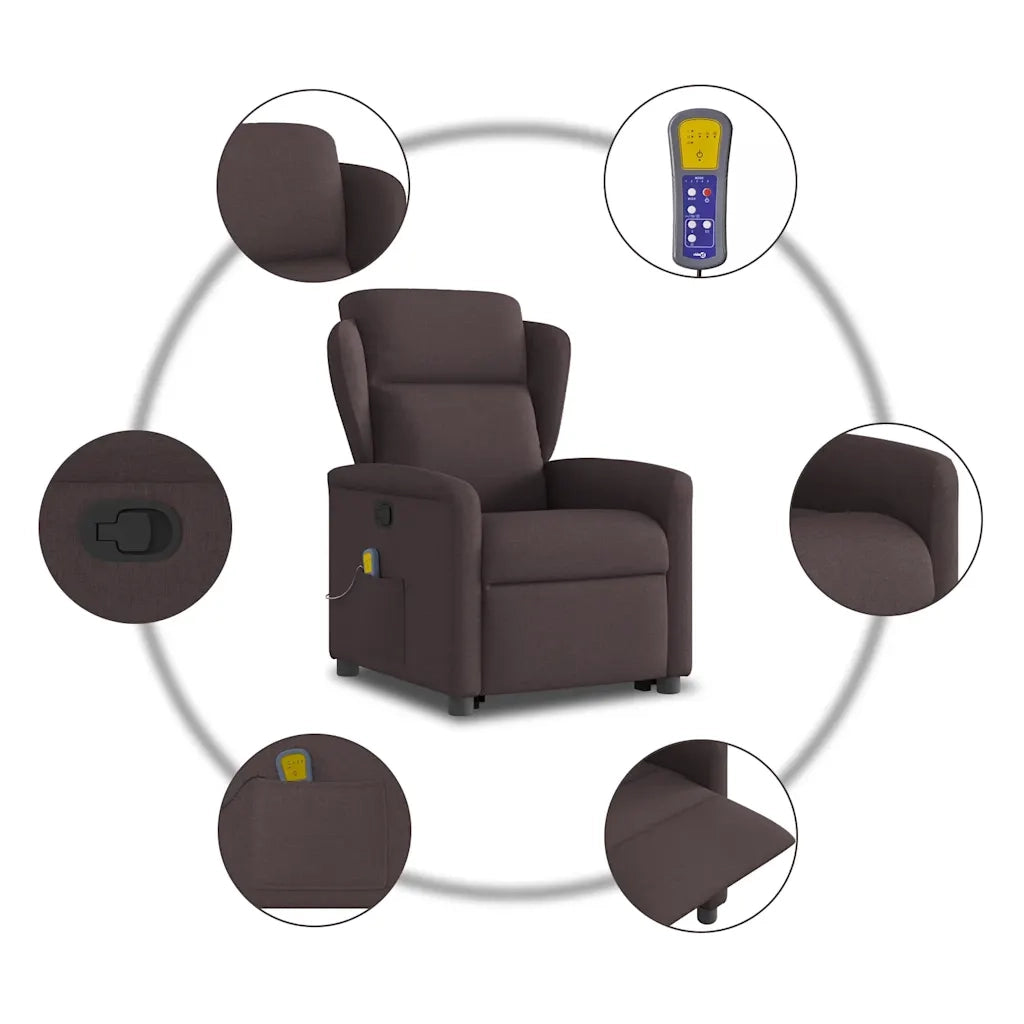 vidaXL Poltrona Alzapersona Massaggi Reclinabile Marrone Scuro Tessuto