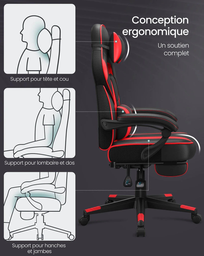 Sedia da gaming sedia da ufficio regolabile con poggiapiedi telescopico ergonomico meccanismo di inclinazione poggiatesta supporto lombare capacità di carico 150 kg nero e rosso 12_0005909