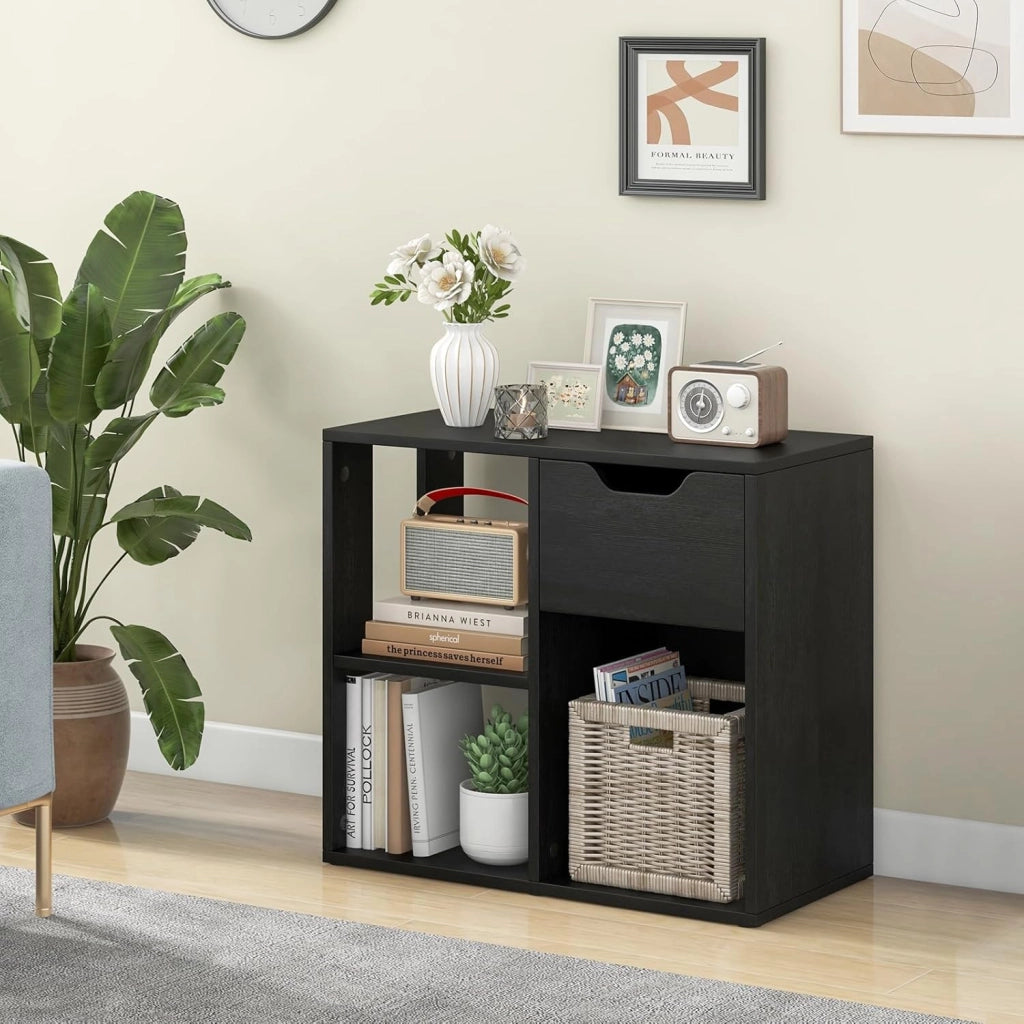 Libreria, scaffale con 1 cassetto e 3 cubi, 60 x 30 x 53 cm, scaffale a cubi autoportante per soggiorno, studio, ufficio (nero)