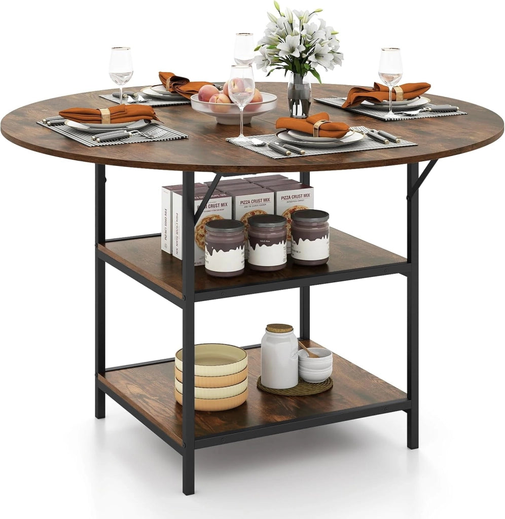 Tavolo da Pranzo Rotondo Ø 120 cm, adatto per 4-6 Persone, con 2 Ripiani, Piano Effetto Legno e Struttura in Metallo, Stile Industriale, Ideale per Cucina e Sala da Pranzo