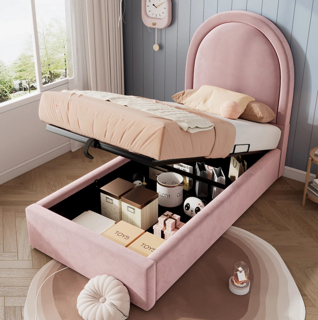 Letto imbottito singolo 90x200 cm rosa in velluto con contenitore