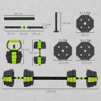 Set di Manubri Regolabili da 25 kg 4 in 1, con funzione di Kettlebell, Manubri, Bilanciere e Supporto per Flessioni, Verde