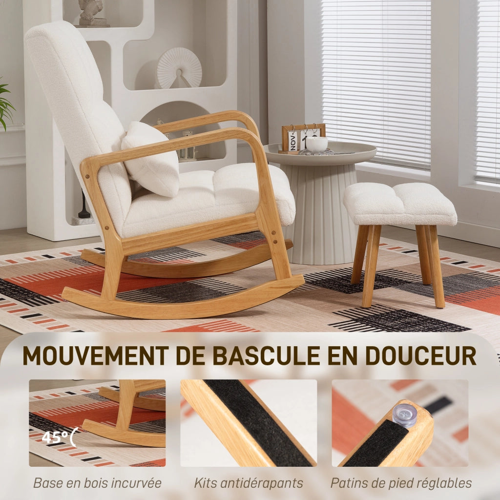 Poltrona a Dondolo con Poggiapiedi in Tessuto Boucl¨¦ e Gambe in Legno ¨C Minimal ¨C 64.5x82x89 cm Bianco