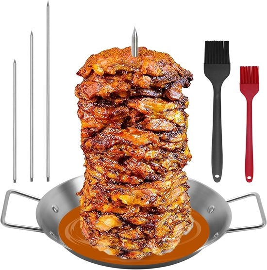 Spiedini a griglia, spiedini verticali in acciaio inossidabile, supporto verticale per spiedini a tre punti (20,3 cm/25,4 cm/30,4 cm) e spazzola per tacos al pastor, shawarma kebab. Piastra di griglia per forno.