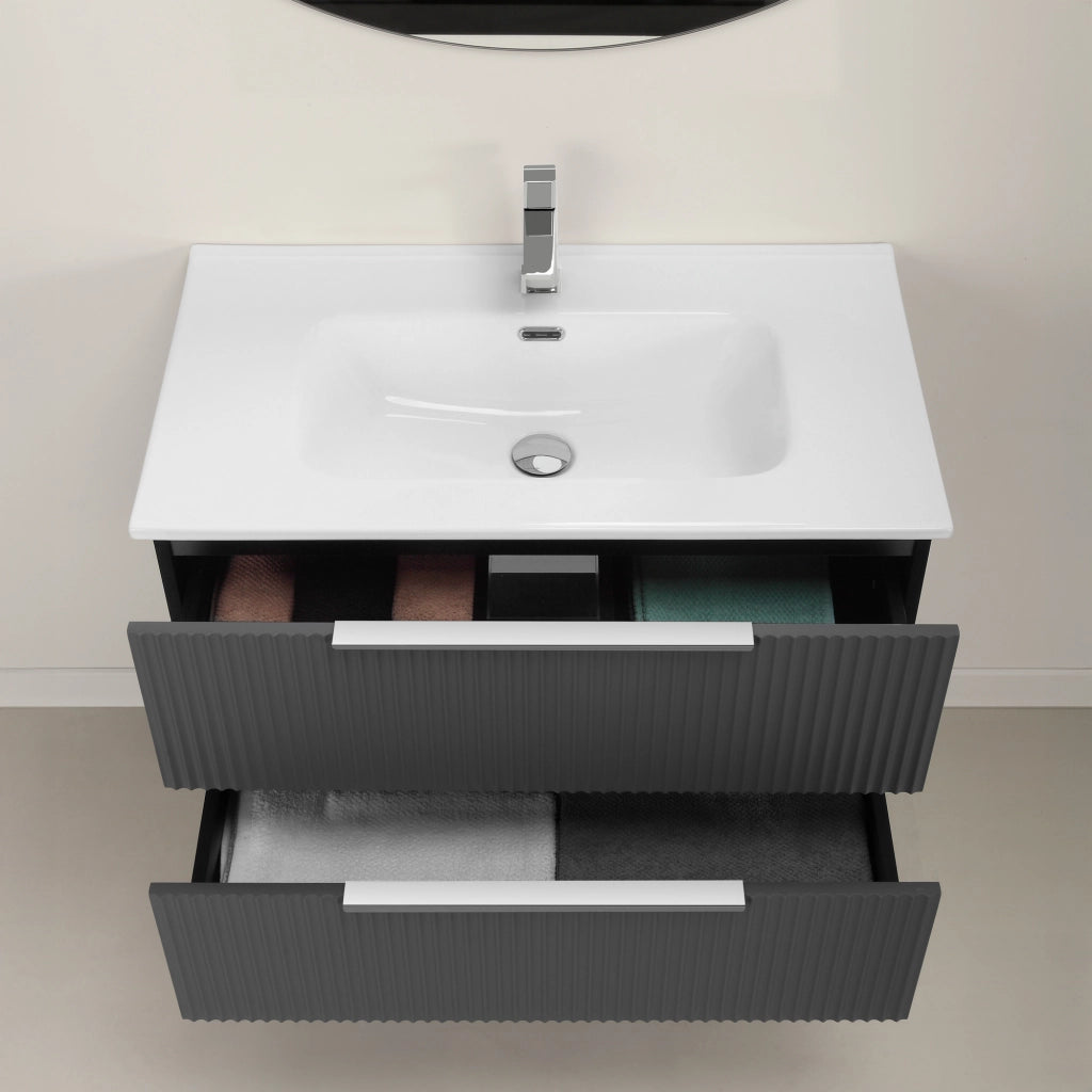 Mobile bagno sospeso 100 cm bicolore grigio cannettato e nero con lavabo e specchio Zena