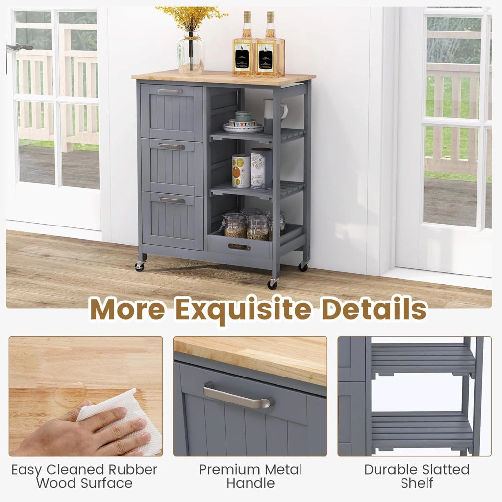 Carrello da cucina su ruote, armadio da cucina con piano di lavoro, isola mobile in legno, carrello da servizio, carrello da cucina con cassetto, carrello da cucina 67 x 37 x 83,5 cm (grigio)