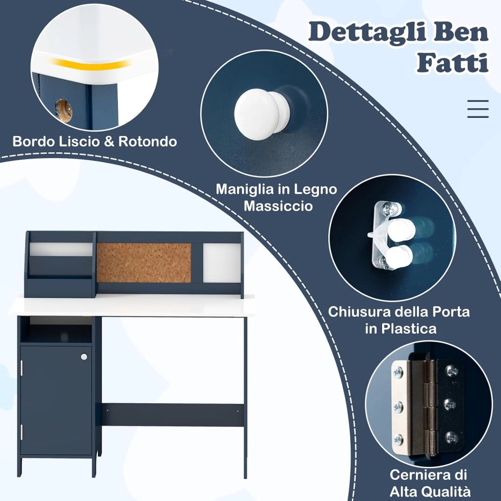 Set Scrivania e Sedia per Bambini 3+ Anni per Studio e Lettura, Blu | Banco Scuola con Sedia Ergonomica, Lavagna Bianca, Pennarello, Armadietto e Bacheca, Postazione Computer per Cameretta