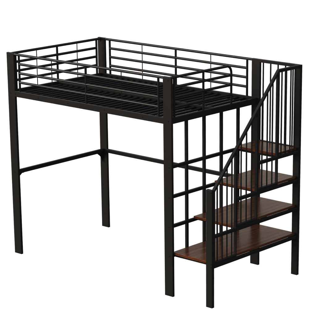 Letto a soppalco 140x200 cm nero in metallo con scala