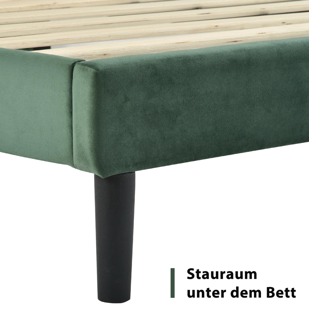 Letto imbottito 140x200 cm con testiera e rete a doghe; velluto verde scuro