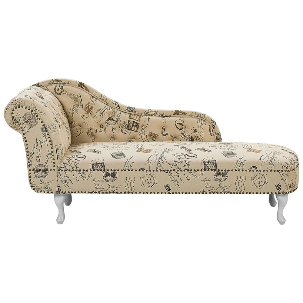 Chaise longue Beige a versione sinistra in tessuto di poliestere con bottoni a testa di chiodo con stampa di timbri