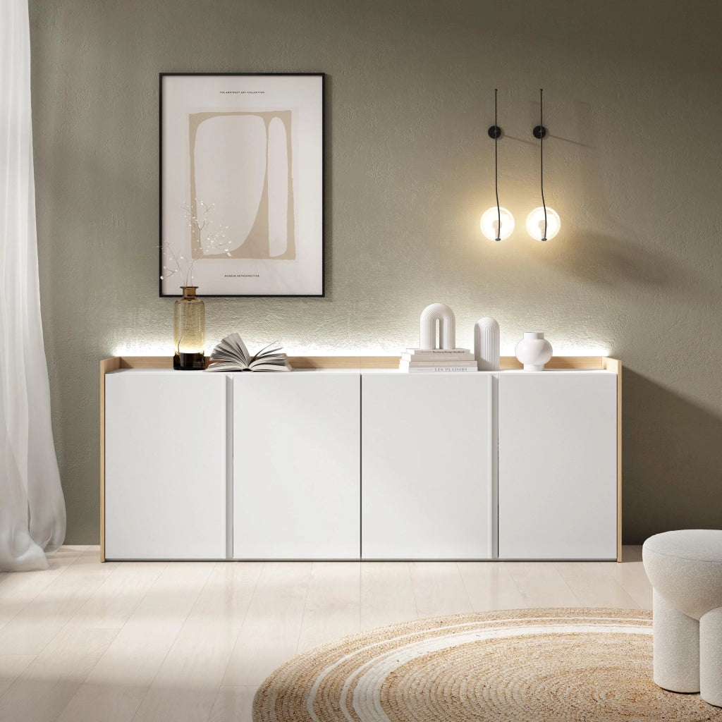 Credenza, Mobile, Cucina, 207x80x35 cm, 4 Porte, LED, Bianco e Rovere soft