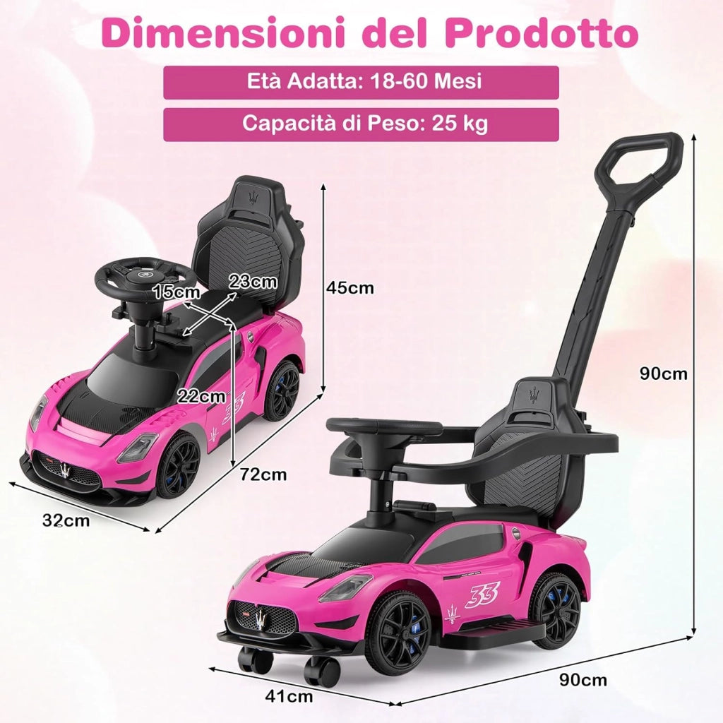 3 in 1 Maserati Auto da Spinta, Auto Scorrevole con 2 Ruote Universali Volante Musicale Paracolpi e Manubrio, Macchina Cavalcabile con Ripostiglio per Bambini 18-60 Mesi (Rosa)