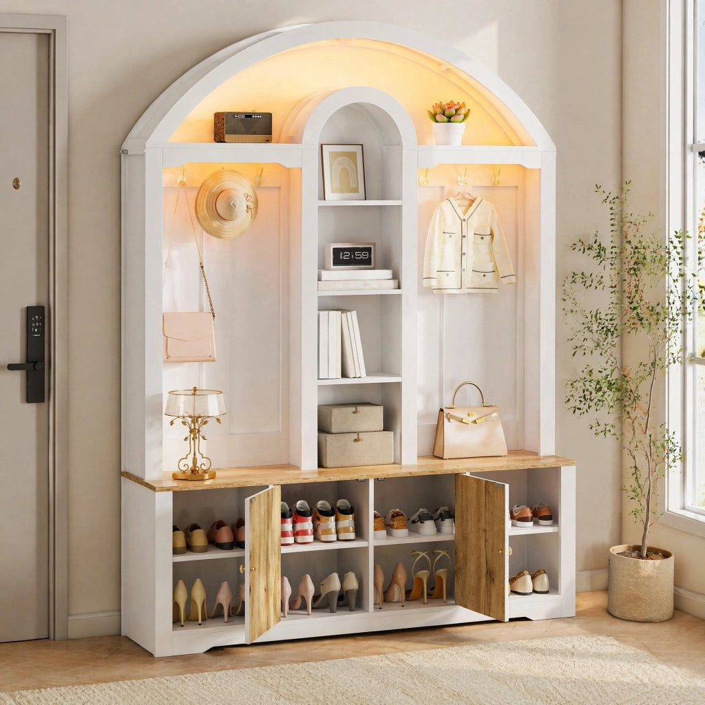 Garderobiera ingresso in MDF bianco con ante effetto legno; 150x40x195 cm; con ganci e LED USB