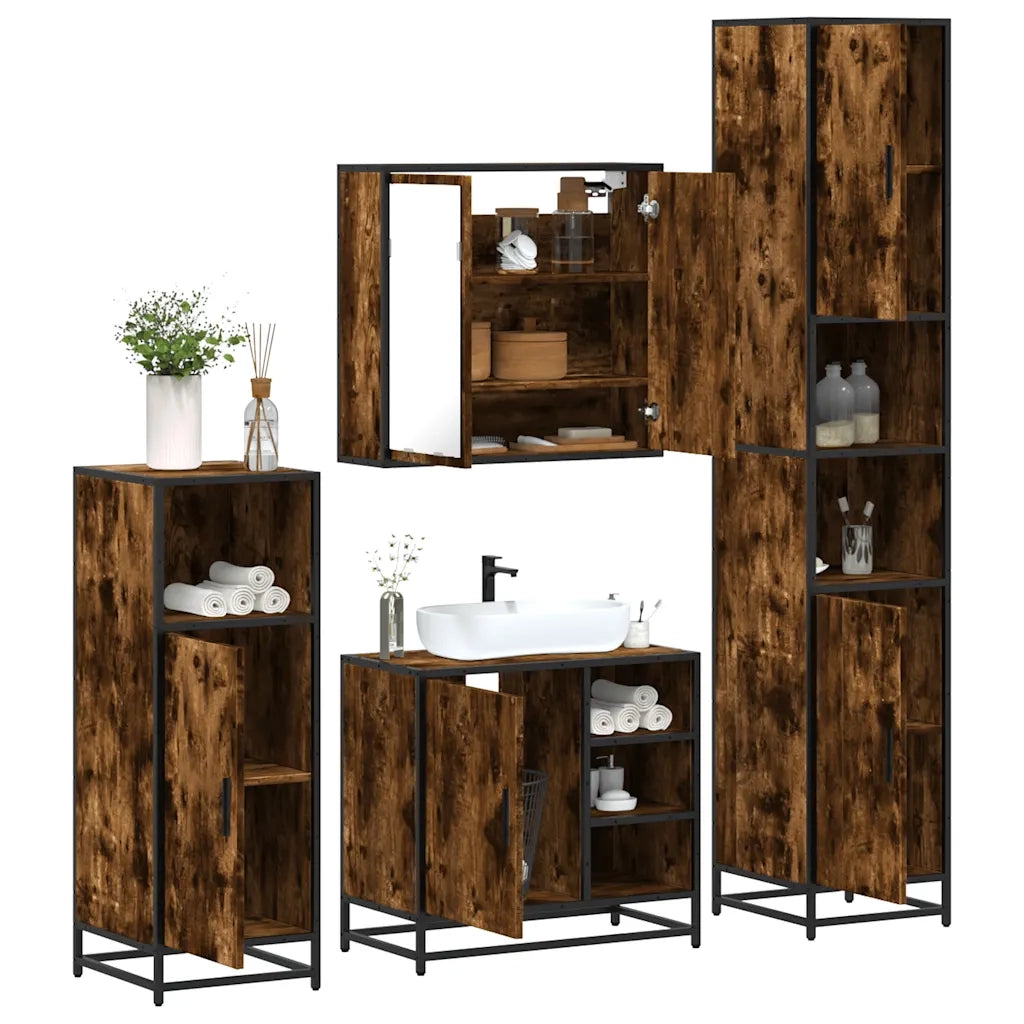 Set Mobili da Bagno 4 pz Rovere Fumo in Legno Multistrato