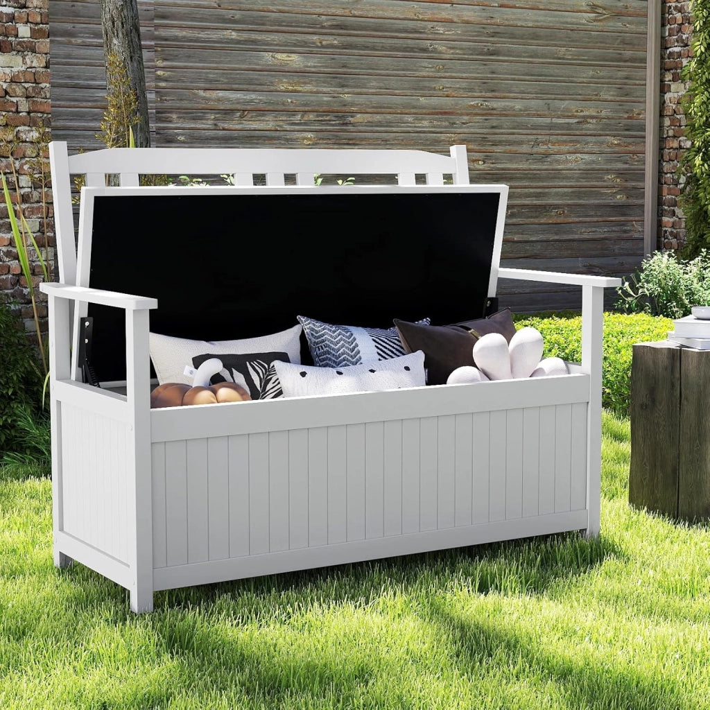 Panchina da Giardino con Contenitore di Legno, Cassapanca da Esterno 2 Posti con Schienale e Braccioli, Panca per Cortile e Ingresso, 123 x 68,5 x 96 cm (Bianco)