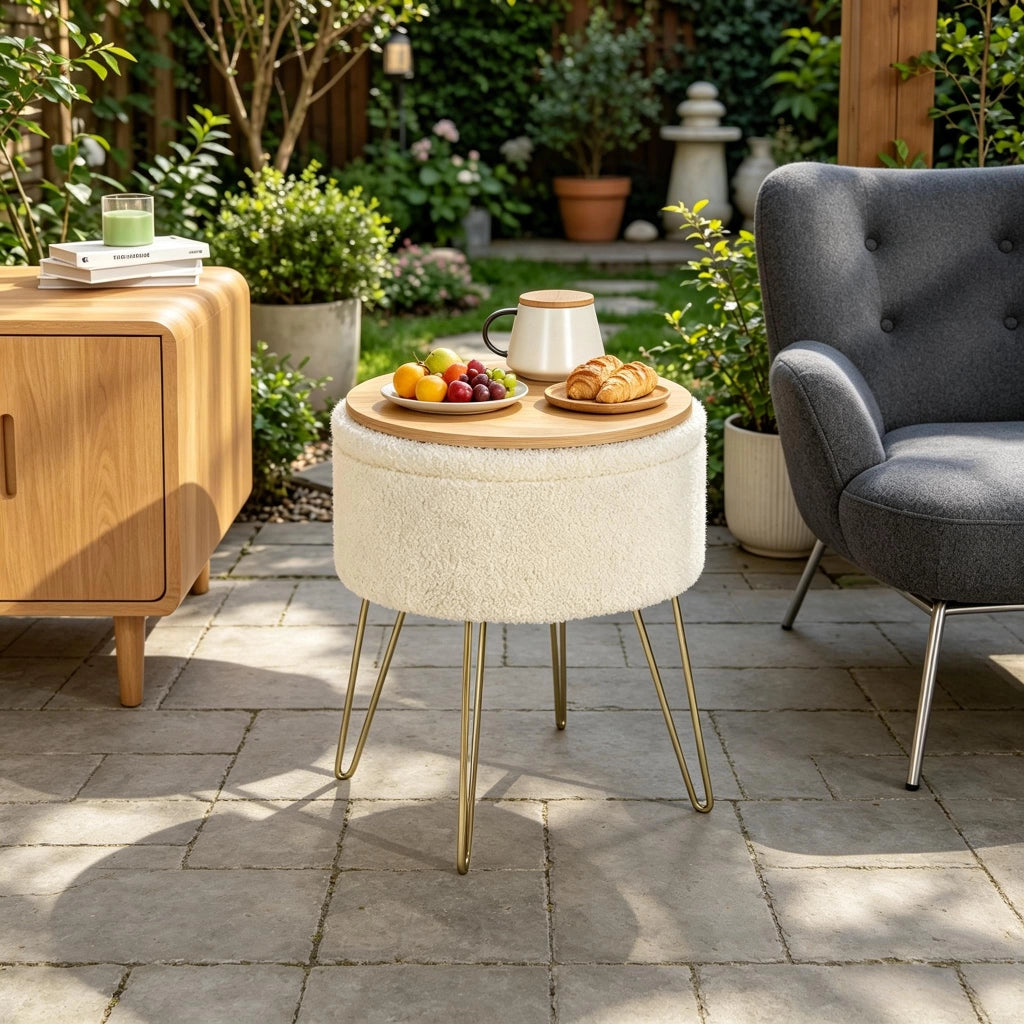 Pouf contenitore rotondo con vano portaoggetti e vassoio multifunzione in teddy fleece MDF e metallo beige 39 × 44 cm