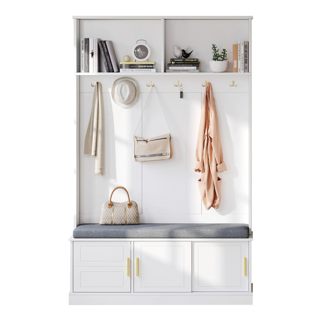 Garderoba da ingresso con panca e scarpiera; 6 ganci; 120x40x191 cm; bianco