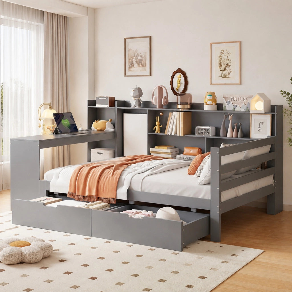 LETTO Multifunzionale 90x200 cm in legno grigio con scrivania, ripiani e cassetti