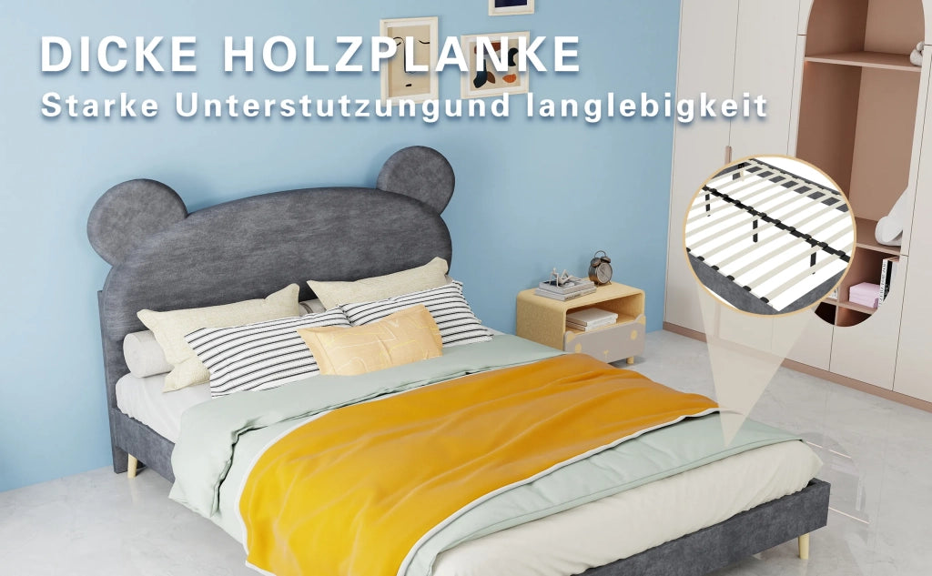 Letto imbottito moderno minimalista con testiera morbida design cartoon, 140x200 cm, grigio, base bassa non contenitore (senza sollevamento a gas), materasso non incluso