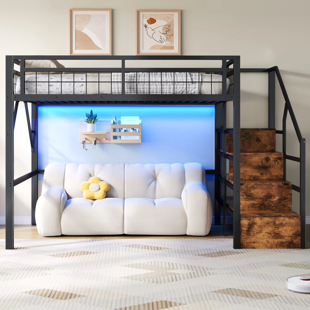 OKWISH Letto a soppalco 140×200 cm, Letto matrimoniale con LED regolabile, Scala con contenitore e spazio libero, senza materasso, Nero