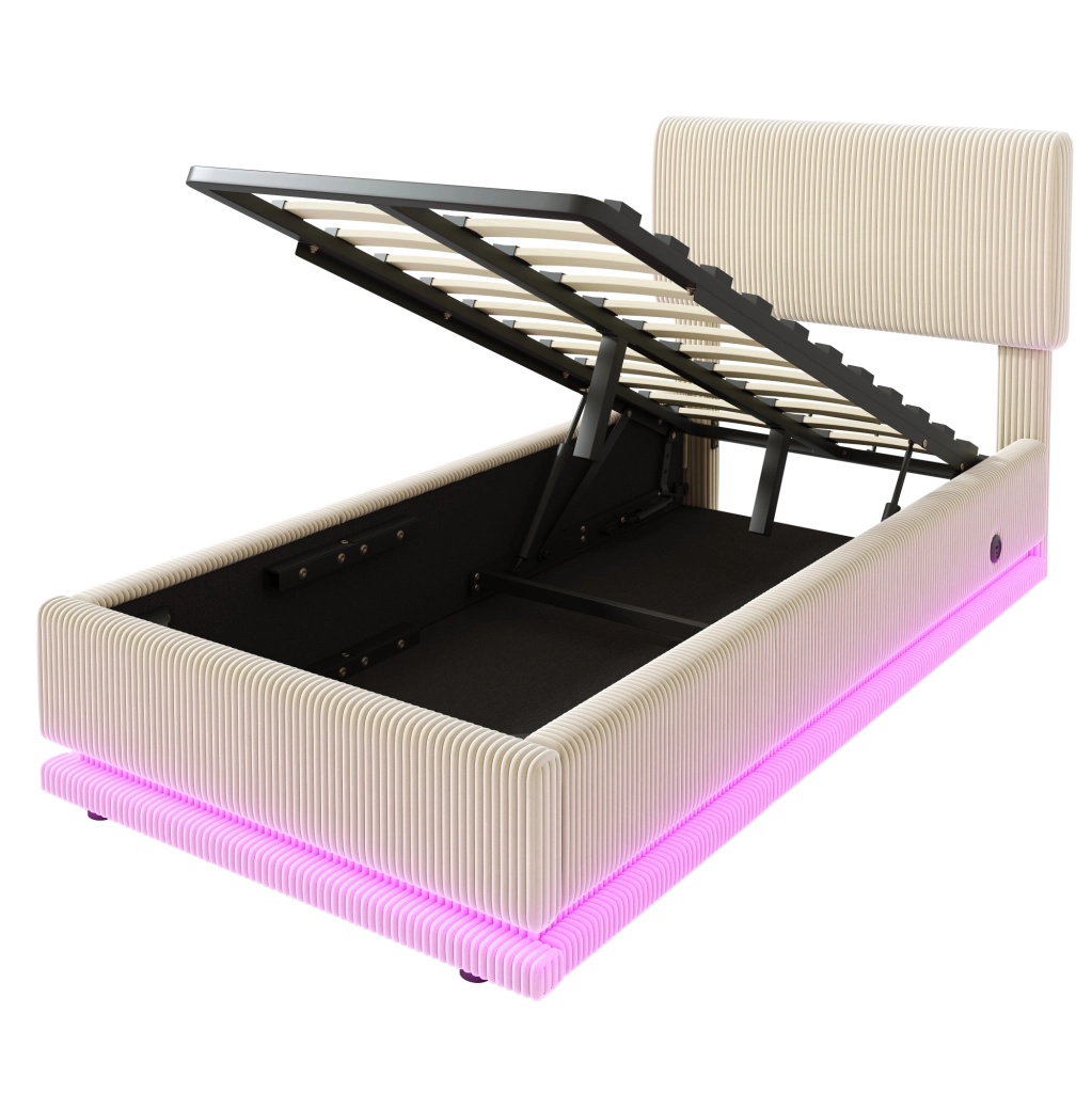 Letto imbottito 90 x 200 cm in velluto a coste beige con LED; USB-C e testiera regolabile