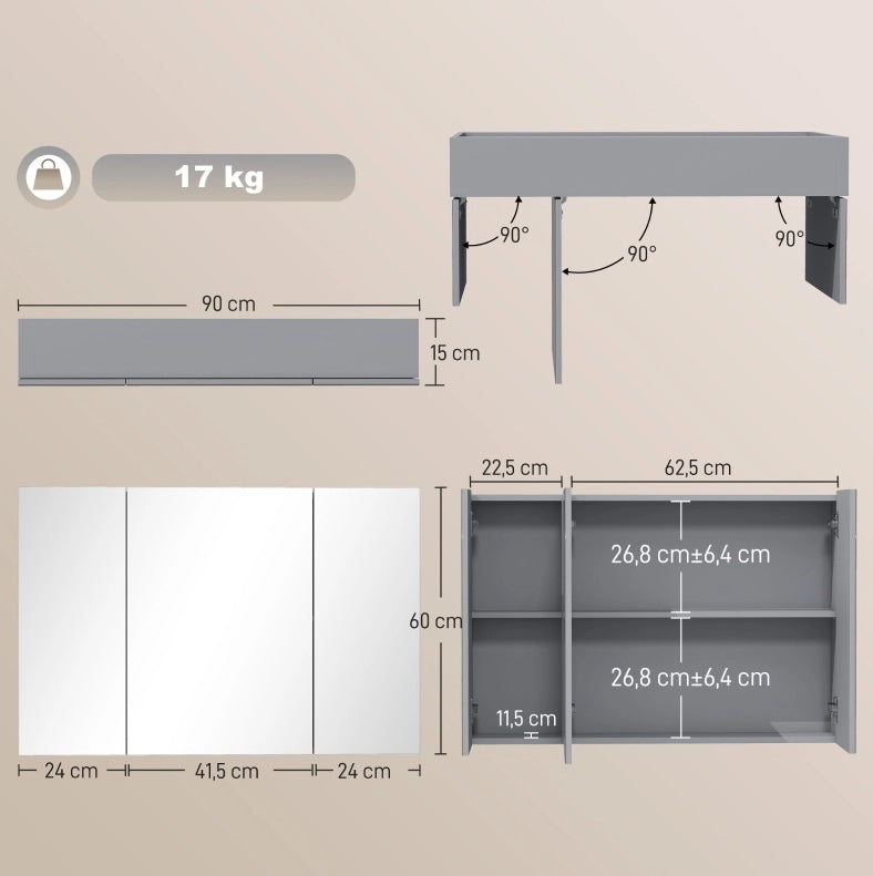 Armadietto a specchio da parete in MDF grigio, 90 cm