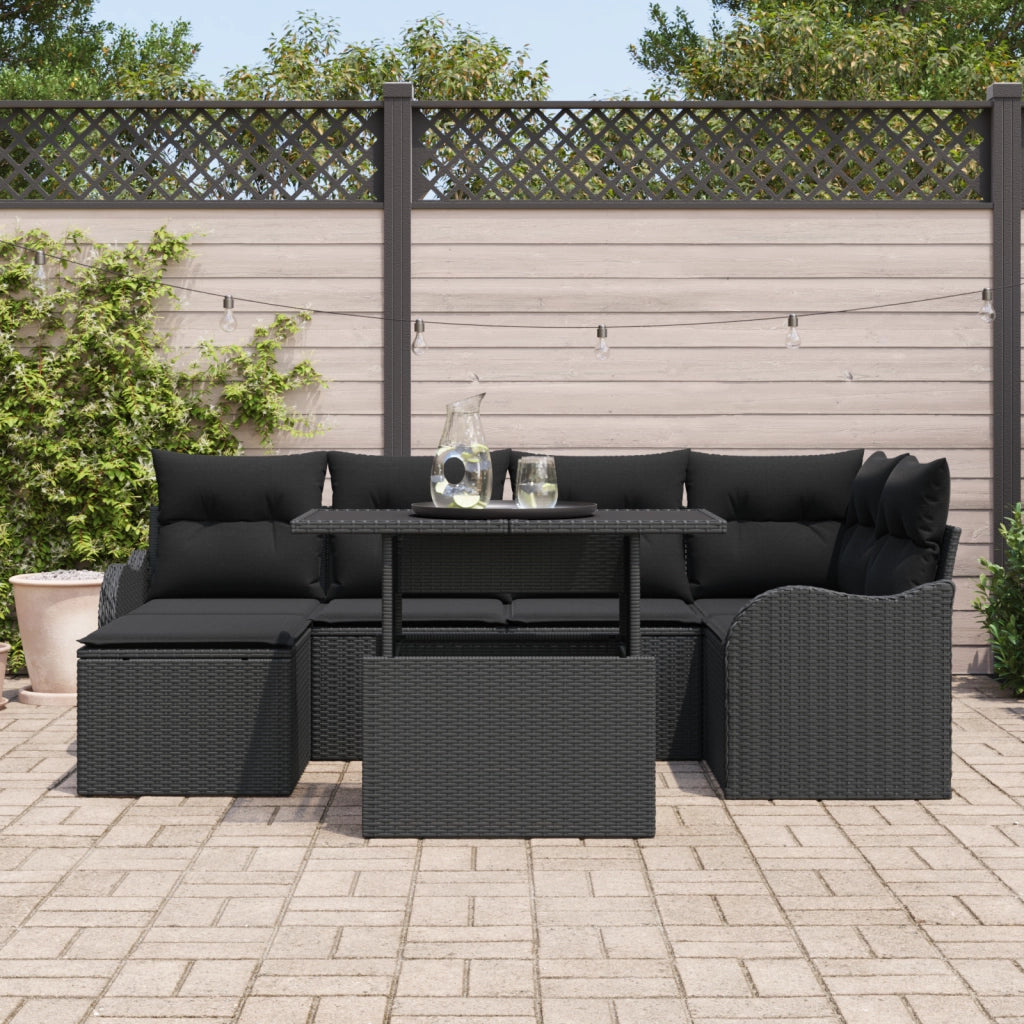 Set Divano da Giardino  da 7 Pezzi con Cuscini in Polyrattan Nero