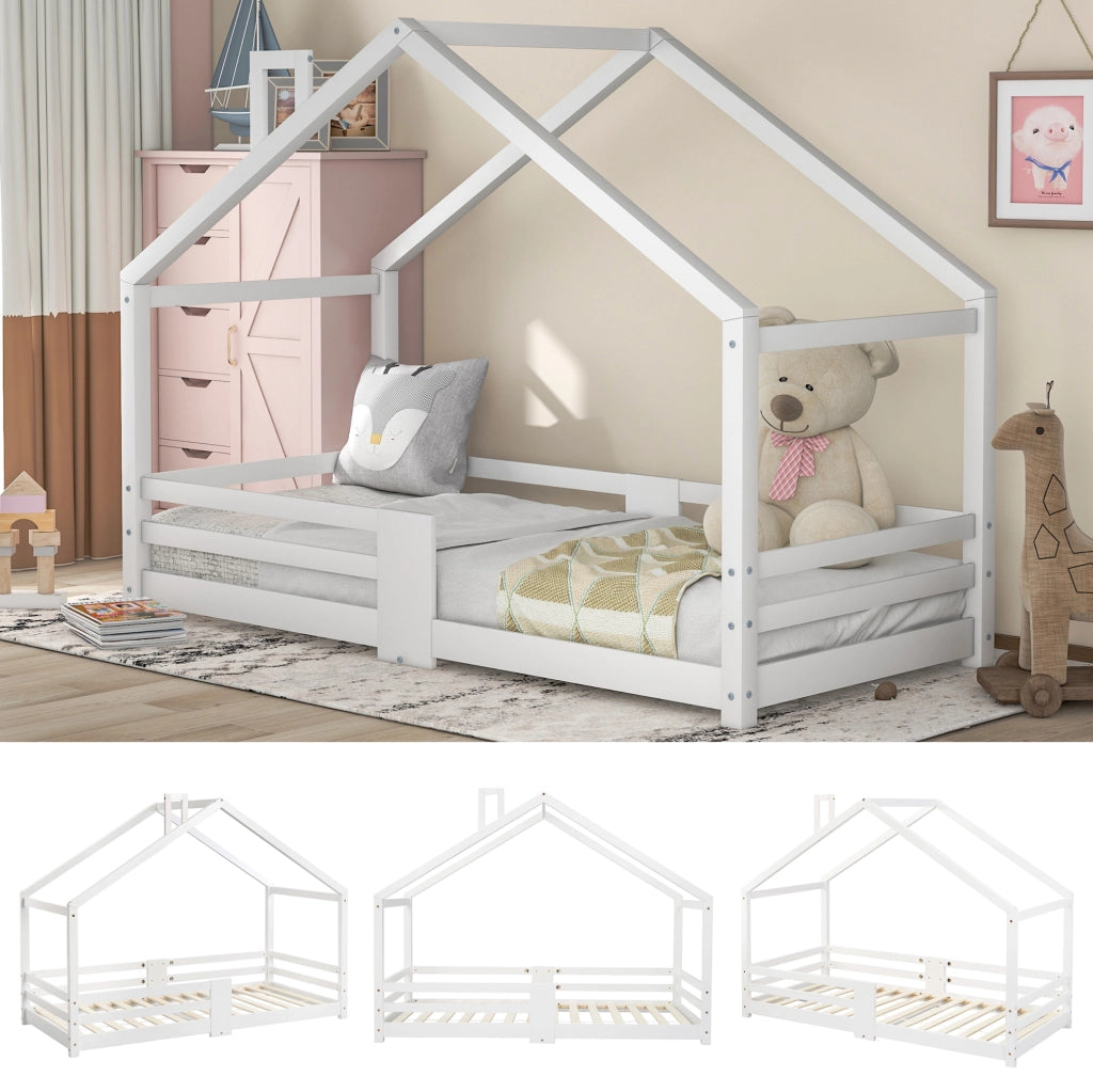 Letto a casetta per bambini 90x200 cm in legno massello bianco