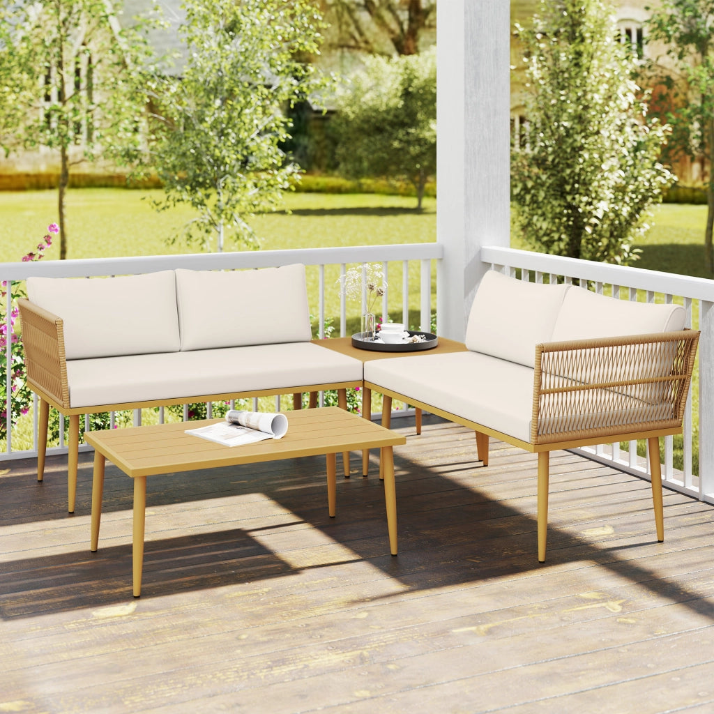 Set Salotto da Esterno in Rattan PE con 2 Divani a 2 Posti con Cuscini e 2 Tavoli da Caff¨¨, Colore Legno