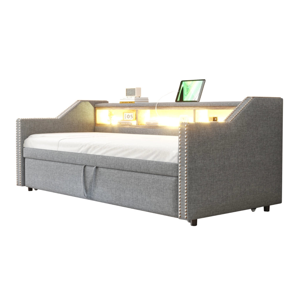 Divano letto imbottito estraibile 90/180 x 190 cm con LED; USB e 2 materassi; grigio chiaro