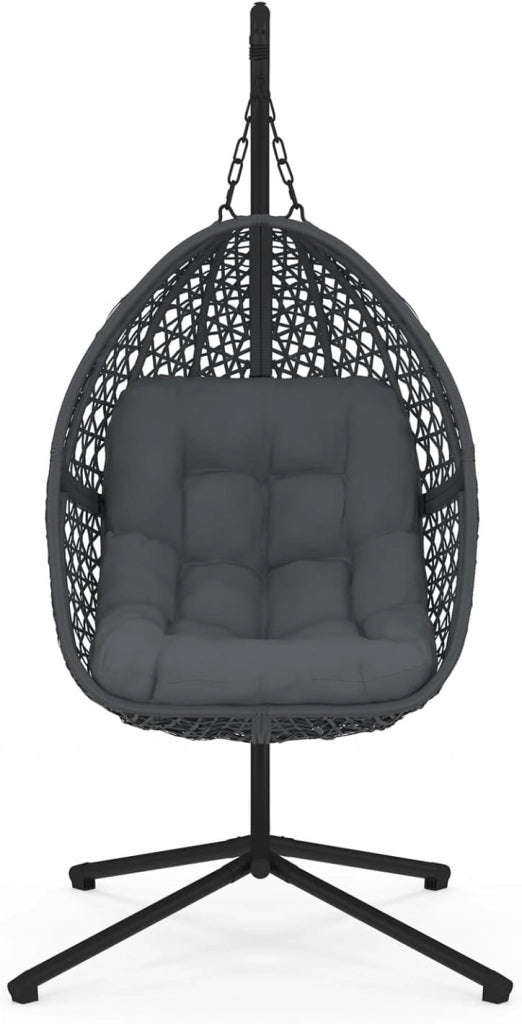 Poltrona a Luna sospesa in Rattan Traforato con Cuscino Grigio