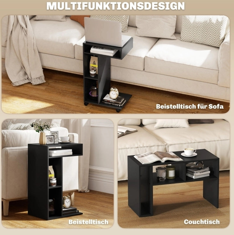 Carrello laterale nero a forma di C con 3 ripiani e 4 ruote, 40x30x69 cm