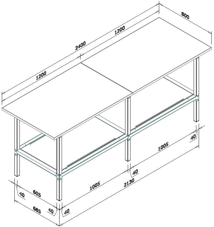 Banco lavoro in metallo e legno con accessori e piano inferiore metallico cm. 240x80x93h