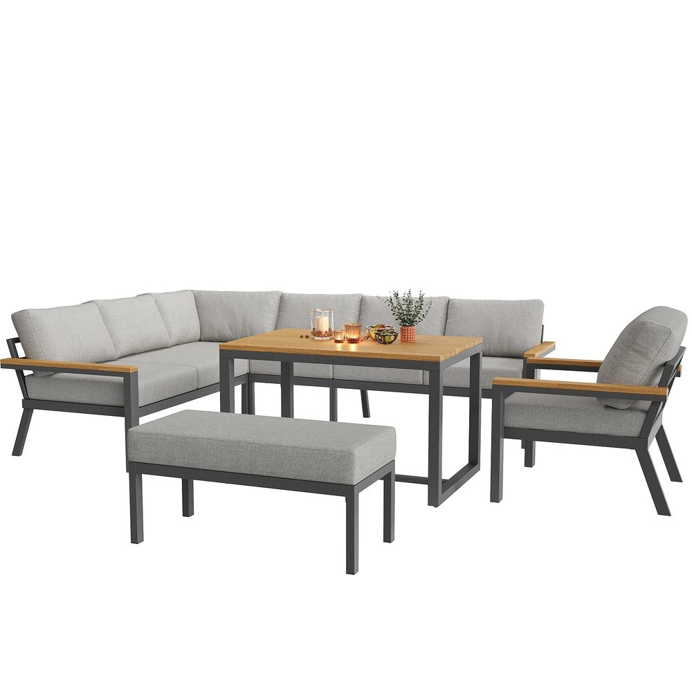 Set Divano da Giardino ad L 8 Posti con Tavolo in Legno ¨C Xylo ¨C Polyrattan Grigio, Ferro