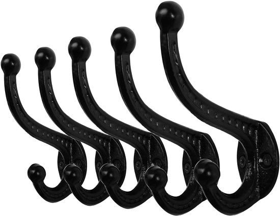 Kapstok per muro in ghisa, hanger per cappotto vintage, hanger per cappotto rustico, hanger per cappotto, hanger per cappotto, doppio gancio per giacca, giacche, cappello, nero, 5 pezzi