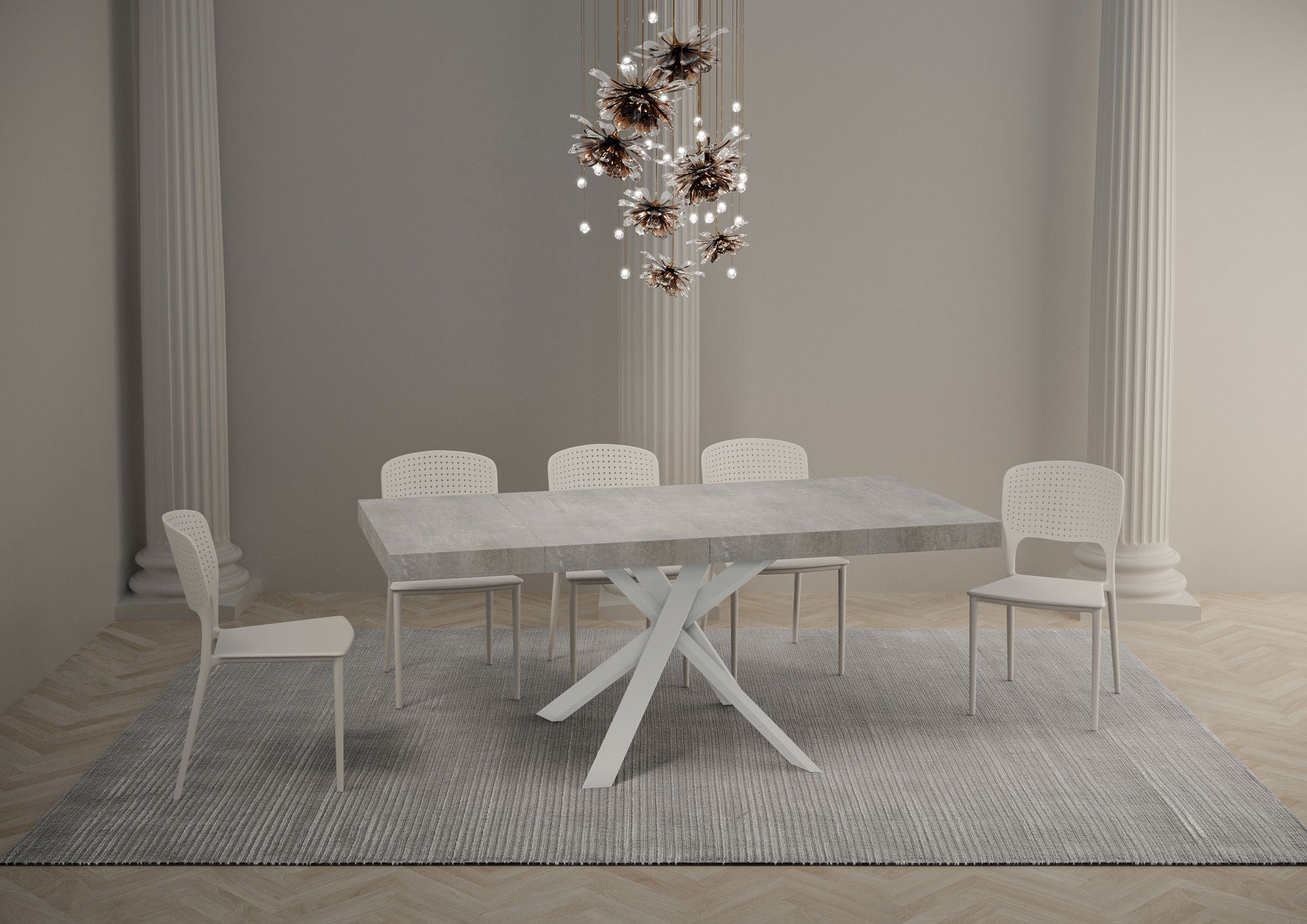 Tavolo allungabile 90x90/194 cm Clerko Premium Cemento gambe Bianche
