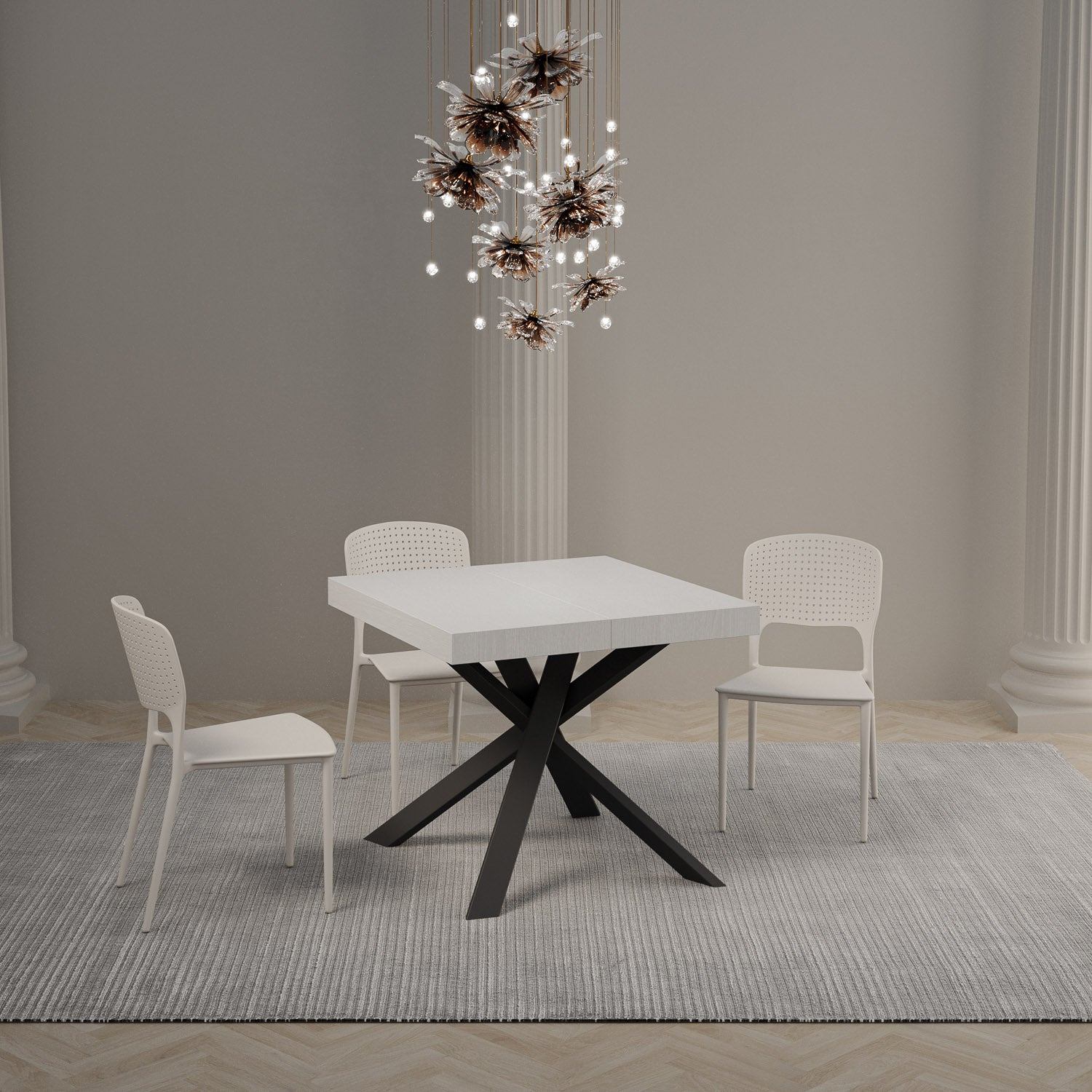 Tavolo allungabile 90x90/194 cm Clerko Premium Bianco Frassino gambe Antracite