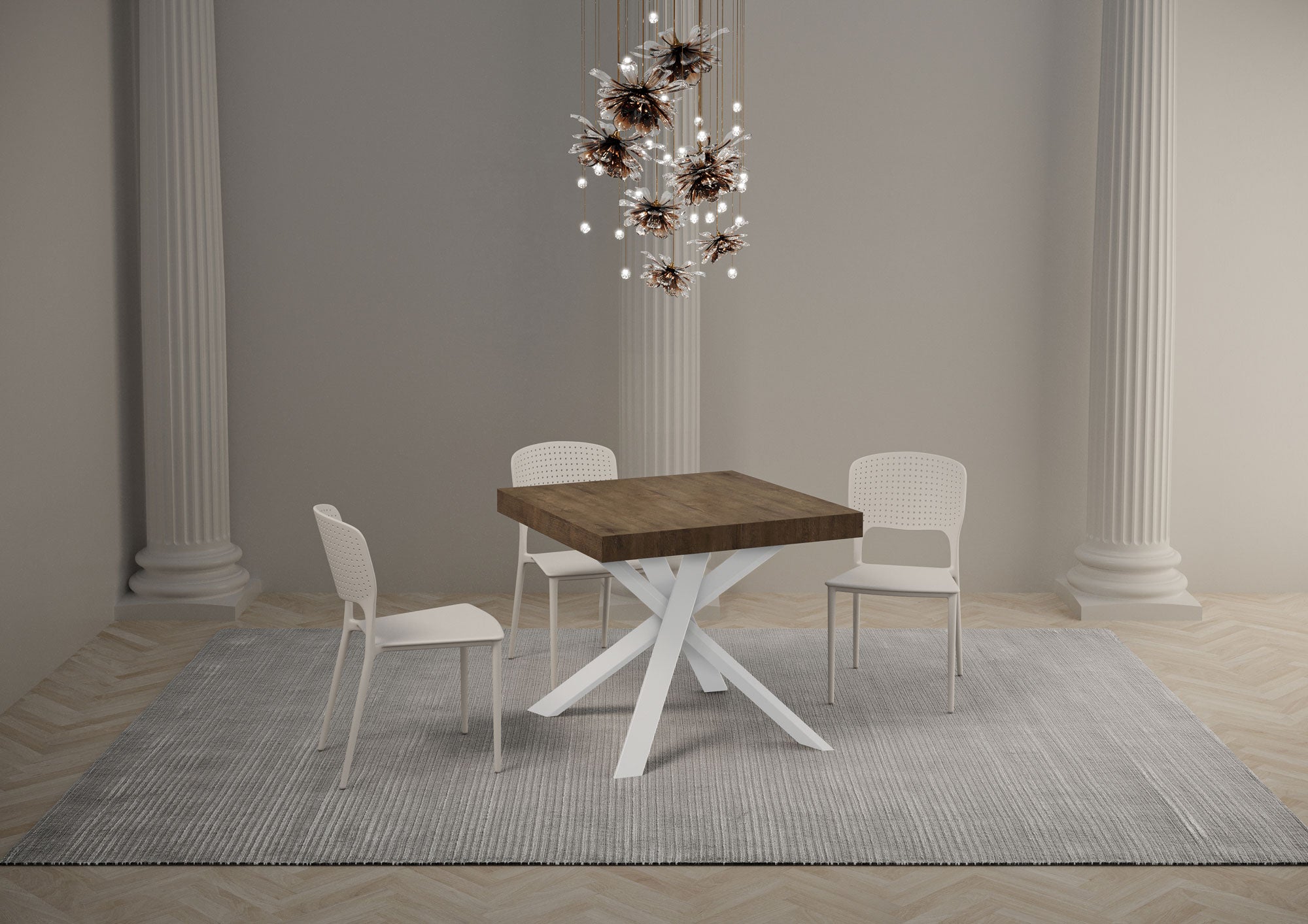 Tavolo allungabile 90x90/194 cm Clerko Noce gambe Bianche