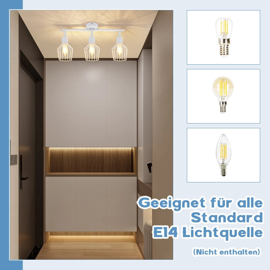 ZMH Lampada da soffitto 3 faretti E14 metallo bianco orientabili 350° stile industriale per corridoio soggiorno