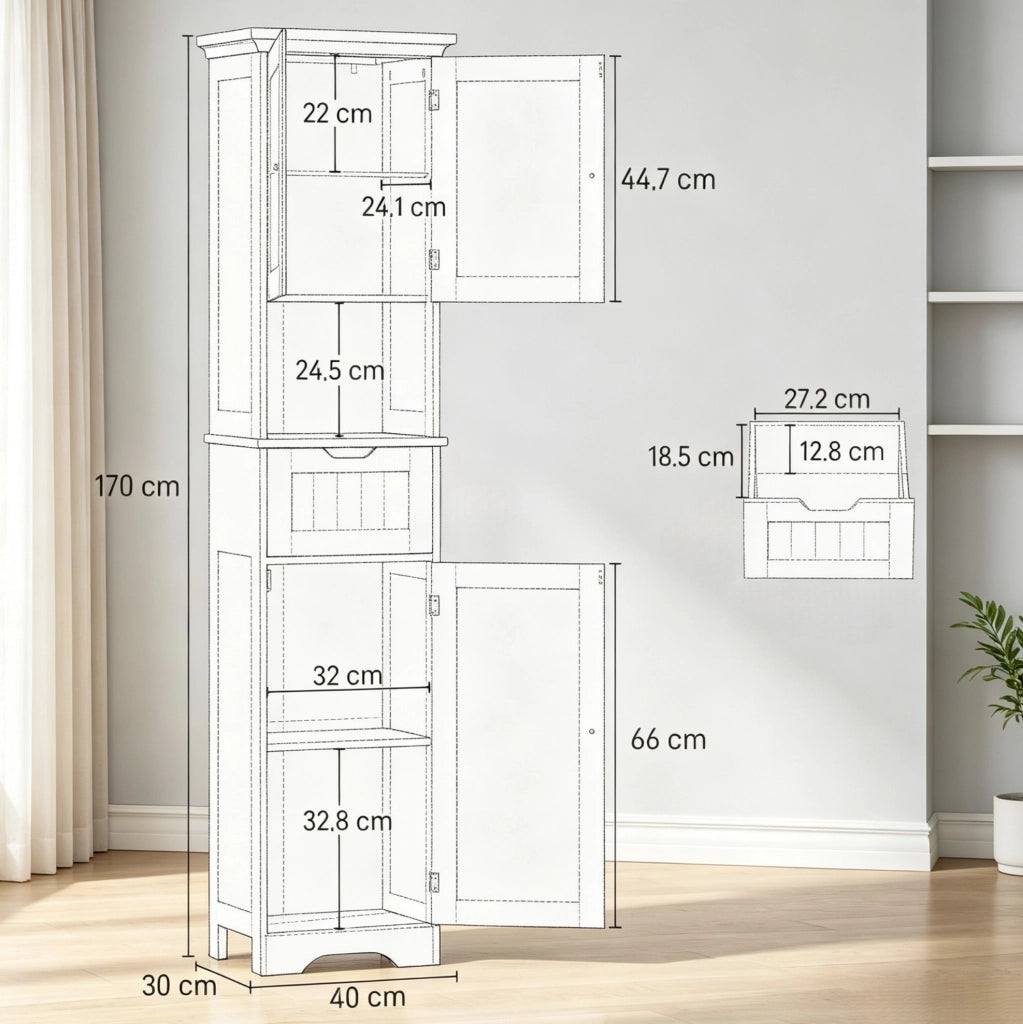 Colonna bagno bianca slim in MDF con LED sensore, cassetto e ripiani regolabili
