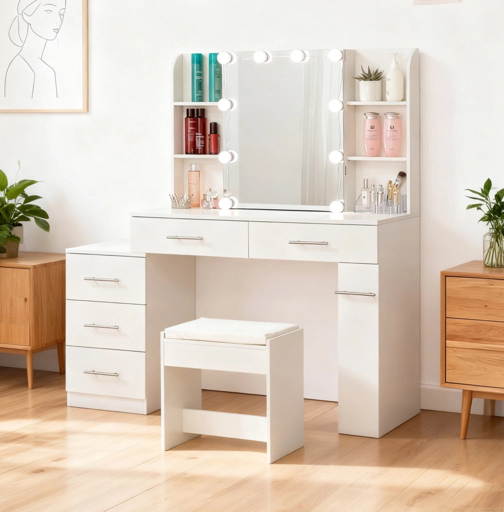 Tavolo da trucco 100x40,5x136 cm bianco con specchio scorrevole, LED e vani, MDF,