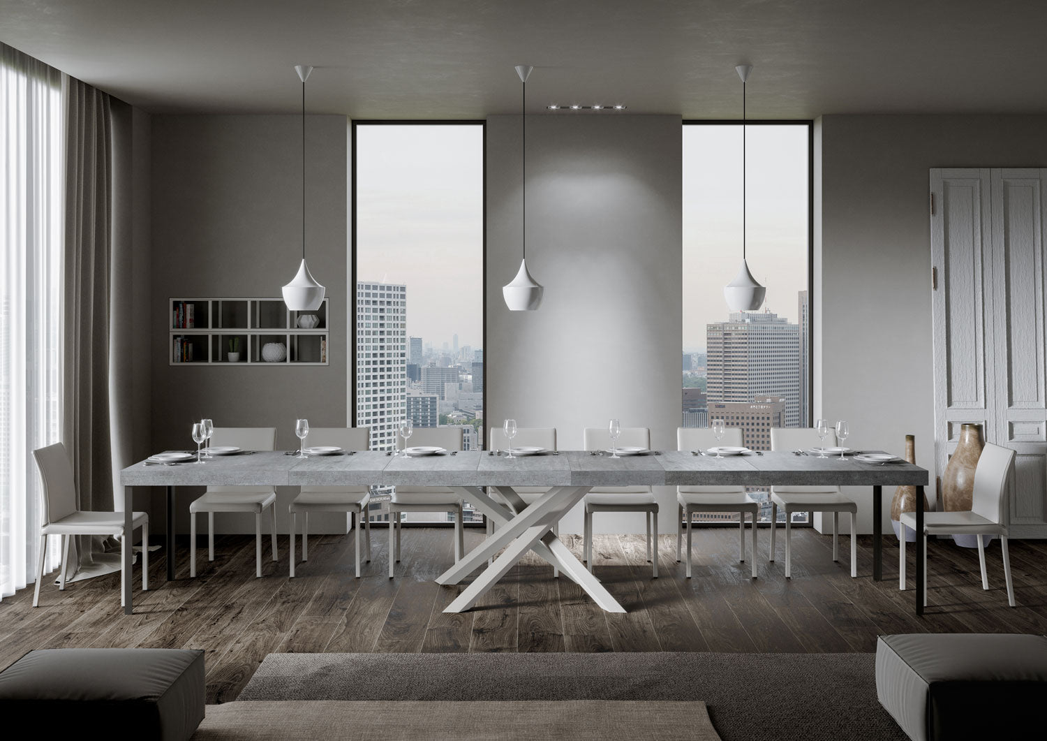 Tavolo allungabile 90x160/420 cm Volta Premium cemento telaio bianco