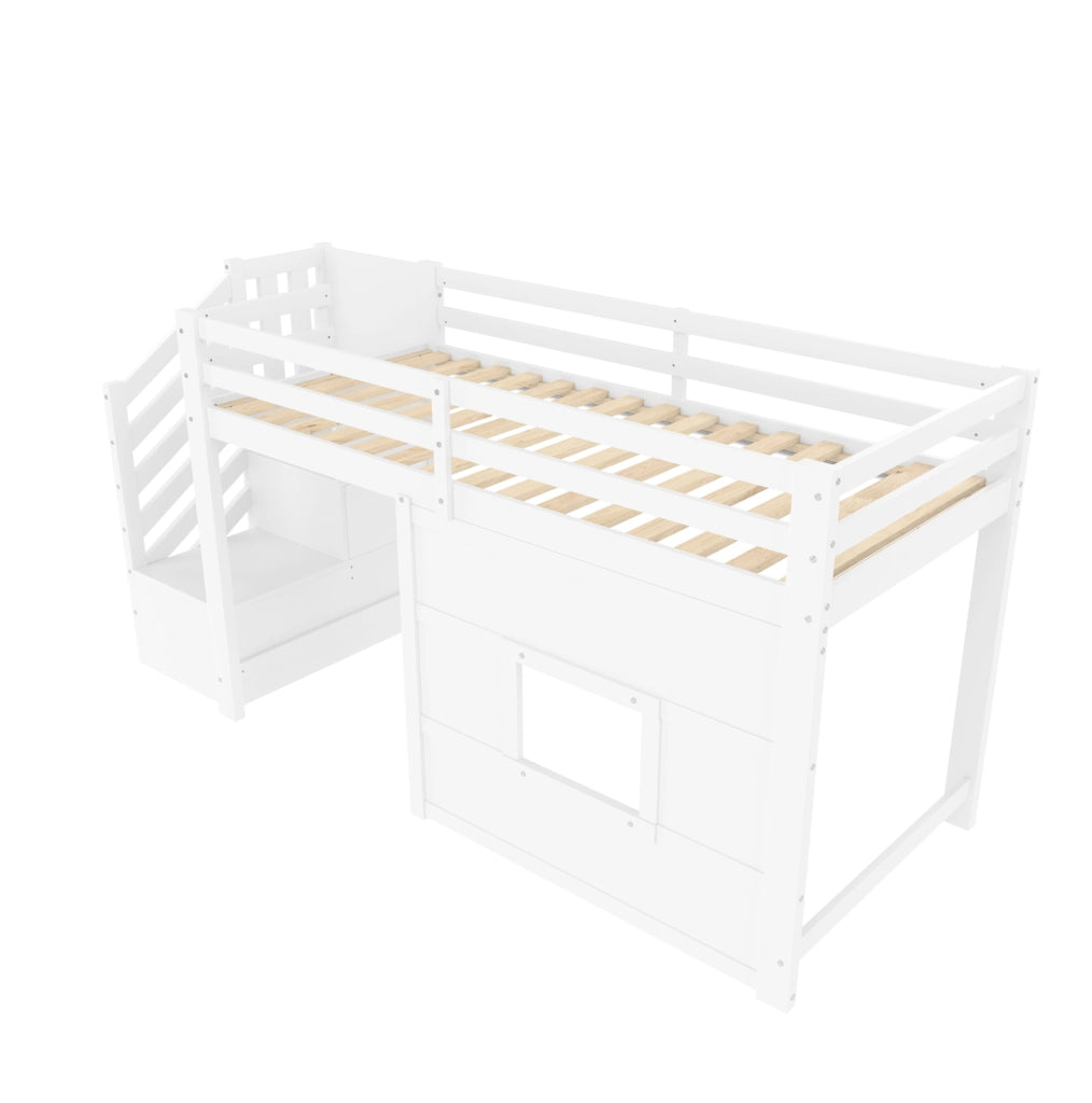 Letto a soppalco 90x200 cm con scala contenitore; finestra e LED in MDF; pino; compensato bianco