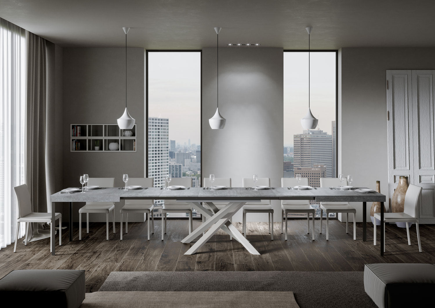 Tavolo allungabile 90x160/420 cm Volta cemento telaio bianco