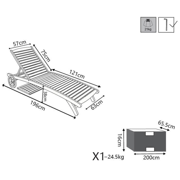 Lettino prendisole con ruote in Legno Acacia cm 196x63x38 - ELIOT