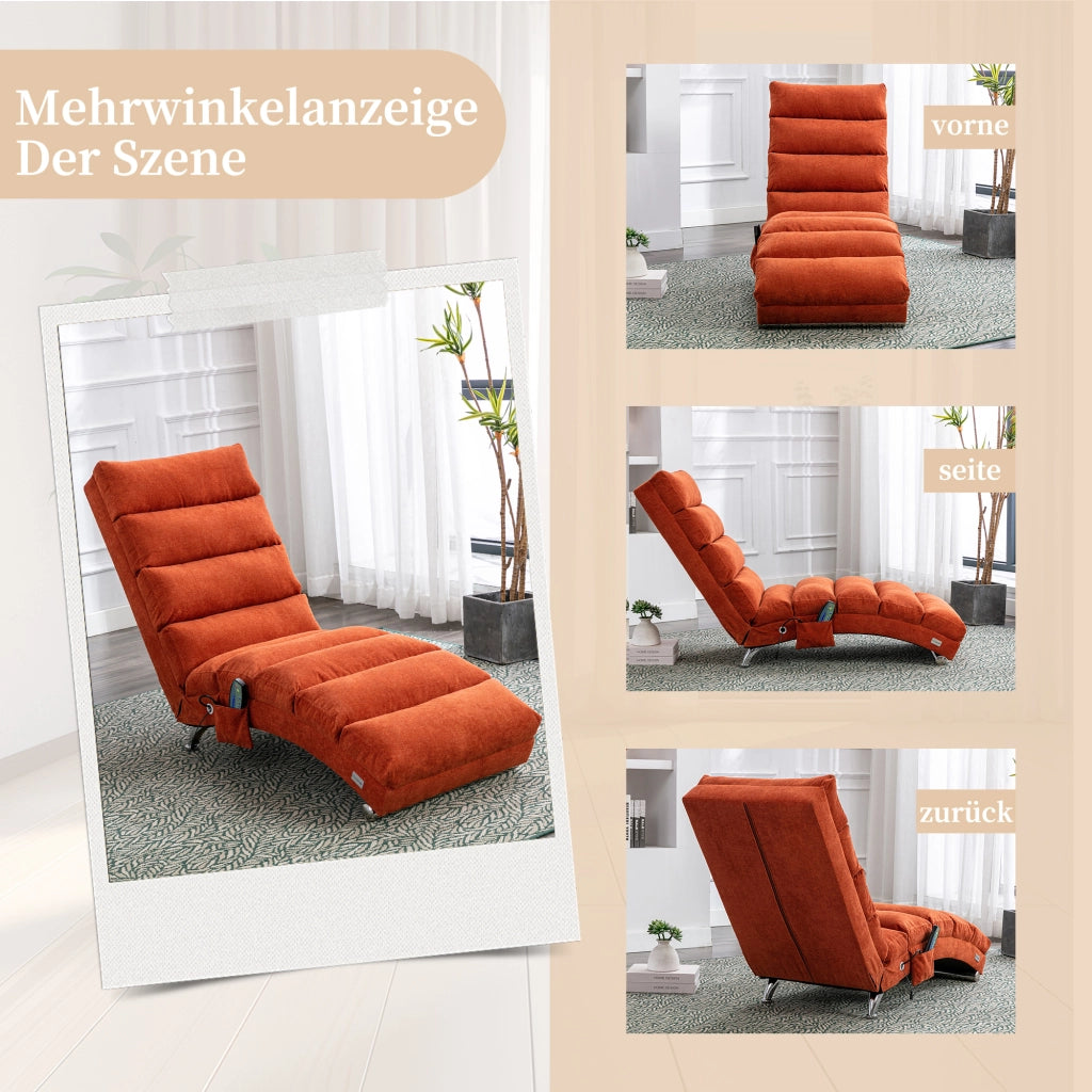 Chaise Longue Massaggiante Fissa 140° con Vibrazione Delicata e Tasca Laterale; Supporto Totale in Lino Arancione