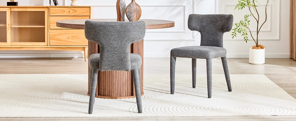 Chaise da sala da pranzo set da 2 con schienale a T, seduta imbottita in tessuto e gambe in ferro grigio