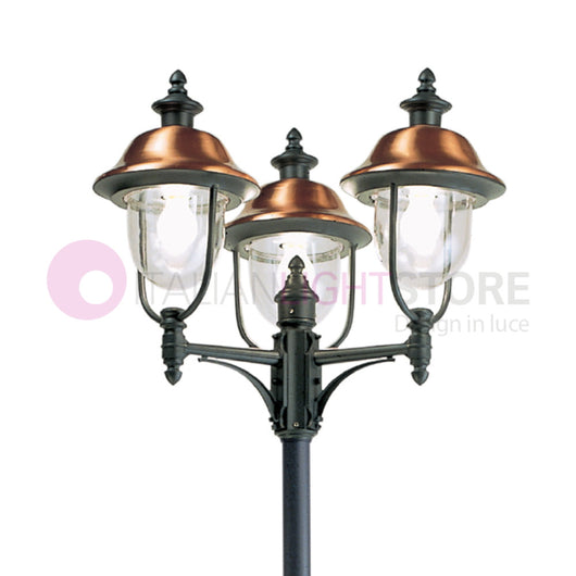 RUSTICA Lampione Telescopico a 3 Luci Cappelli in Rame