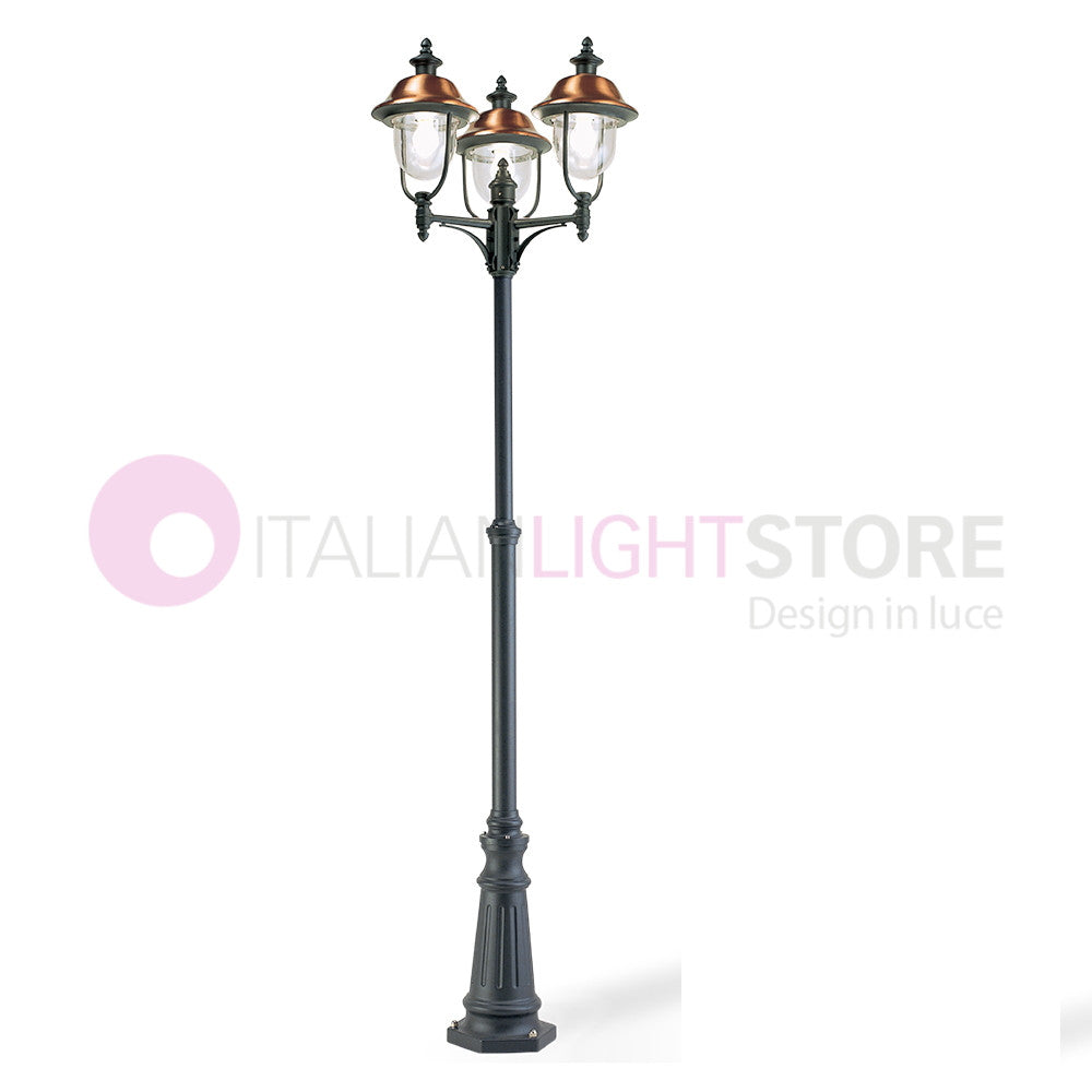 RUSTICA Lampione Telescopico a 3 Luci Cappelli in Rame